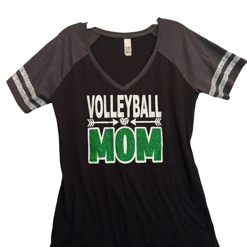 Volleyball Mom Baseball Jersey style Fan Shirt -Blk, Wht, Gry, w/ Green Glitter